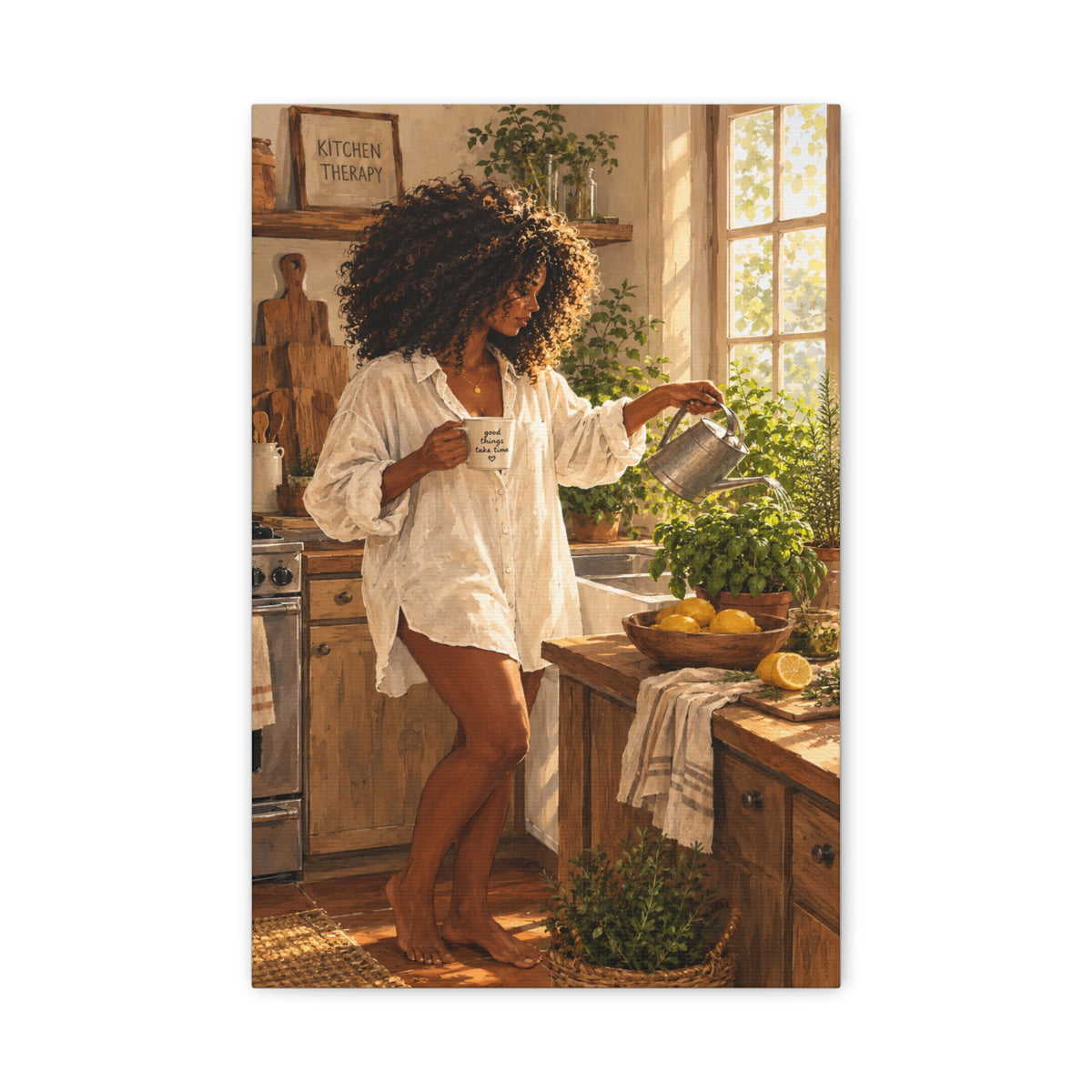 Kitchen Morning Canvas Print - Cozy Woman Watering Herbs Matte Stretched Wall Art