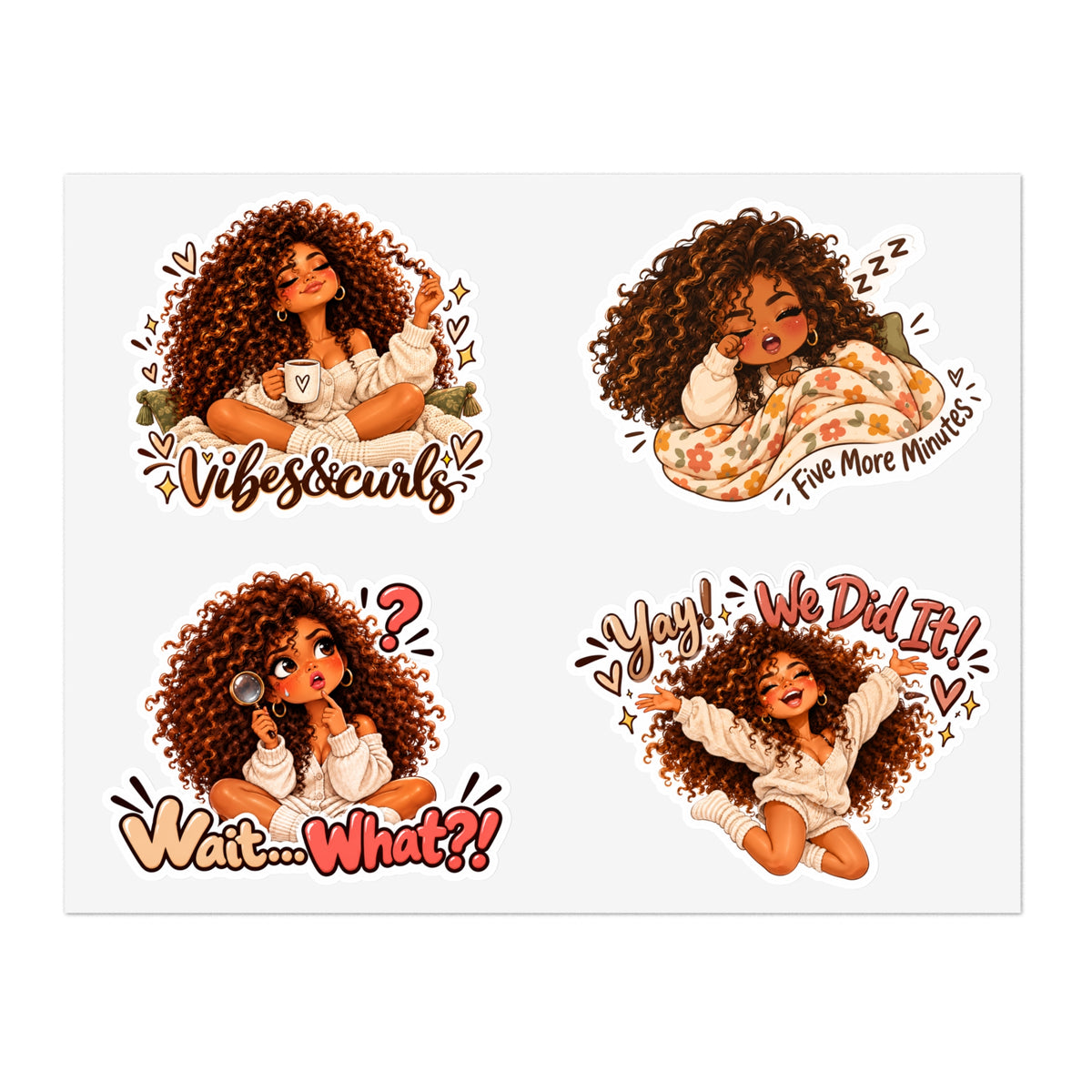 Curly Girl Sticker Sheet — 'One More Bite', 'Nailed It', 'Not Today', 'Vibes & Curls'