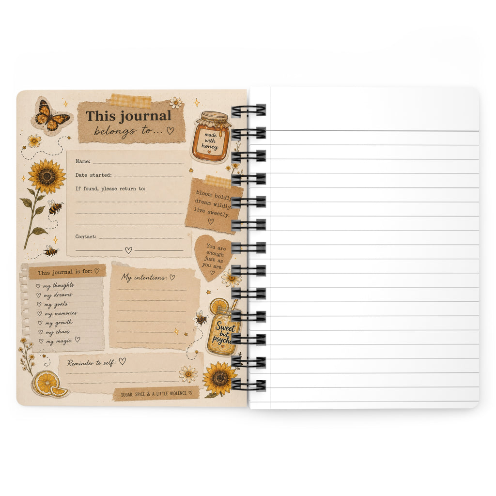 Sunflower Honey Journal — Spiral Bound Notebook with Positive Affirmations & Floral Collage