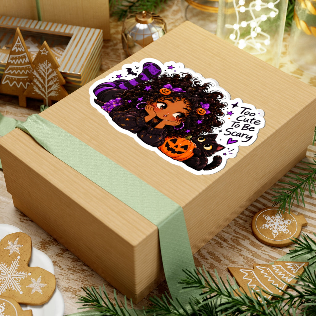 Halloween Girl & Black Cat Sticker — "Too Cute To Be Scary" Kiss-Cut