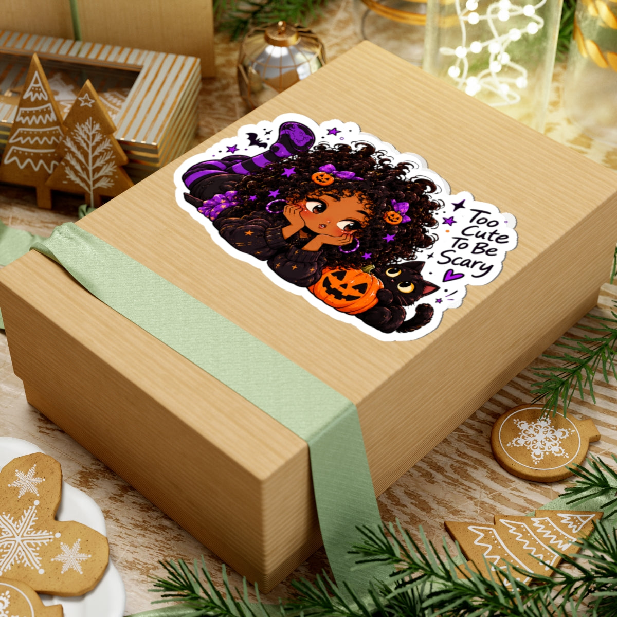 Halloween Girl & Black Cat Sticker — "Too Cute To Be Scary" Kiss-Cut