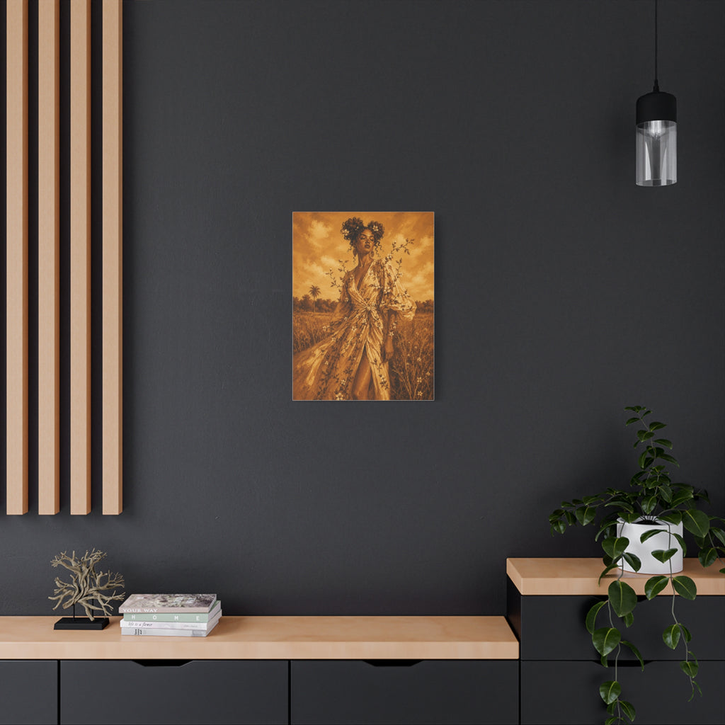 Golden Fields Canvas Wall Art — Woman in Floral Robe Matte Stretched Print