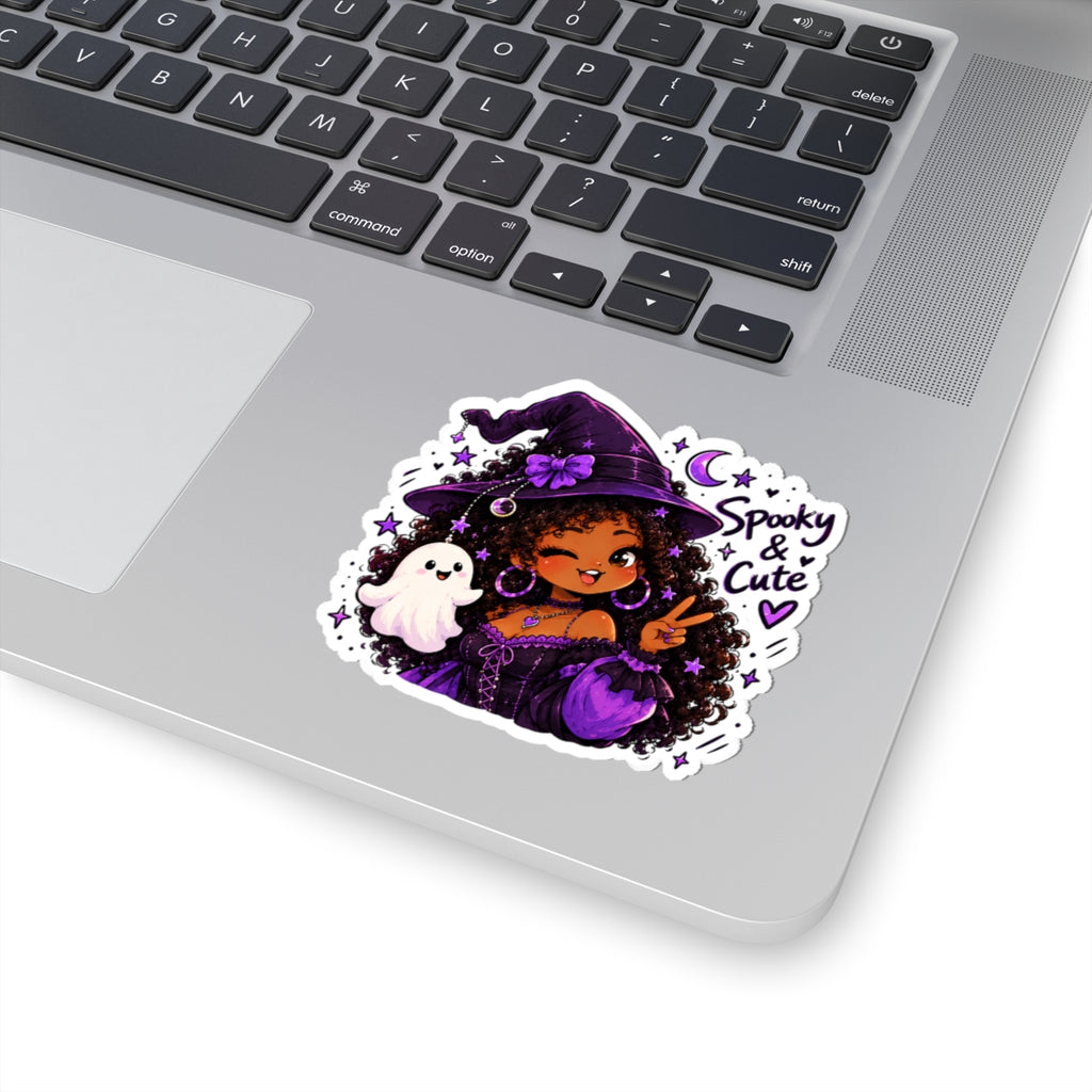 Spooky & Cute Witch Girl Kiss-Cut Sticker — Purple Halloween Ghost Laptop Decal