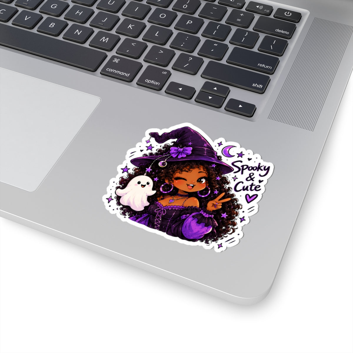 Spooky & Cute Witch Girl Kiss-Cut Sticker — Purple Halloween Ghost Laptop Decal