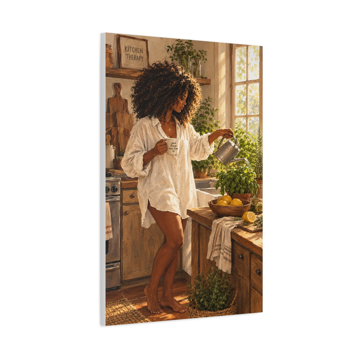 Kitchen Morning Canvas Print - Cozy Woman Watering Herbs Matte Stretched Wall Art