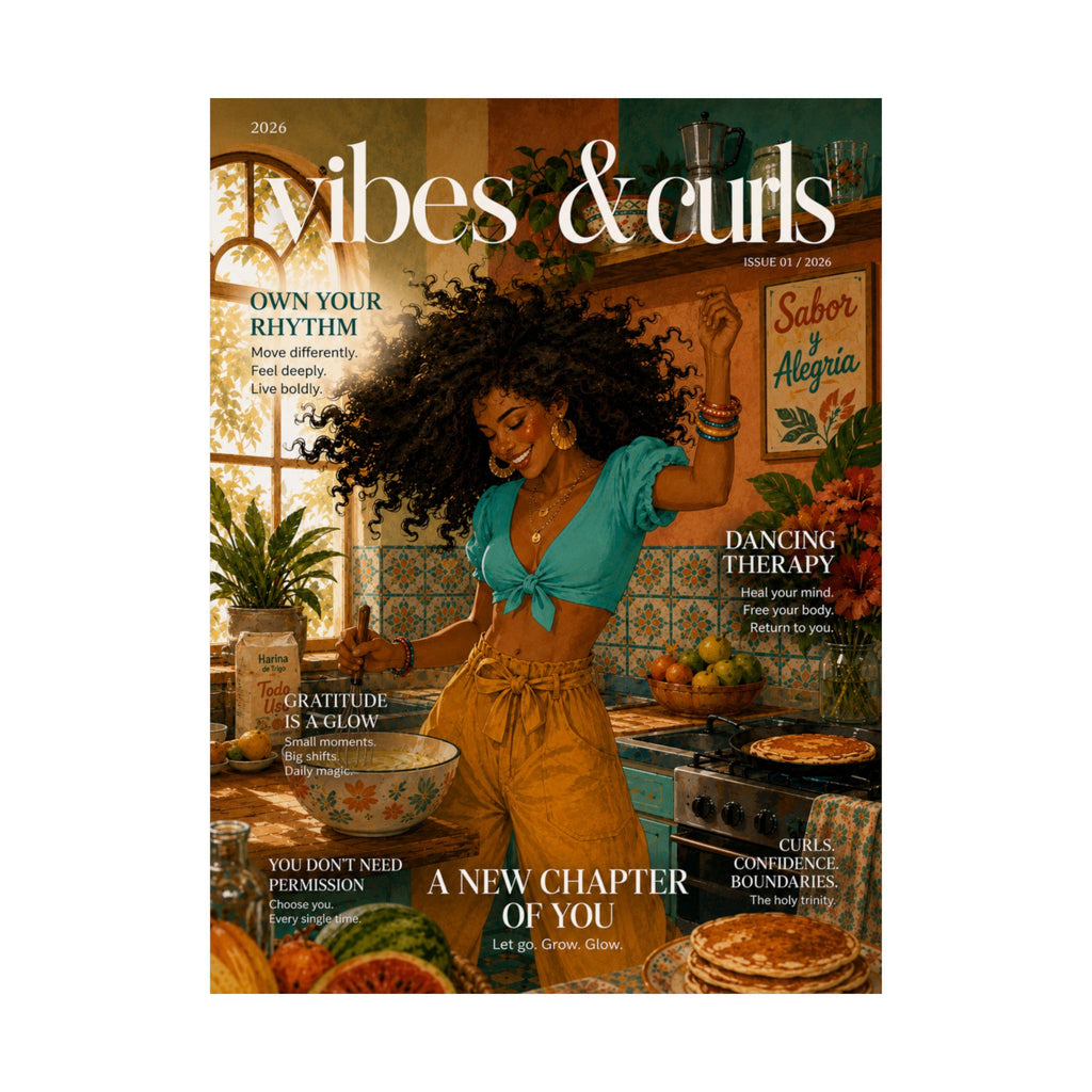 Vibes & Curls Matte Poster — Afrocentric Kitchen Wall Art, 'A New Chapter of You' Magazine Cover