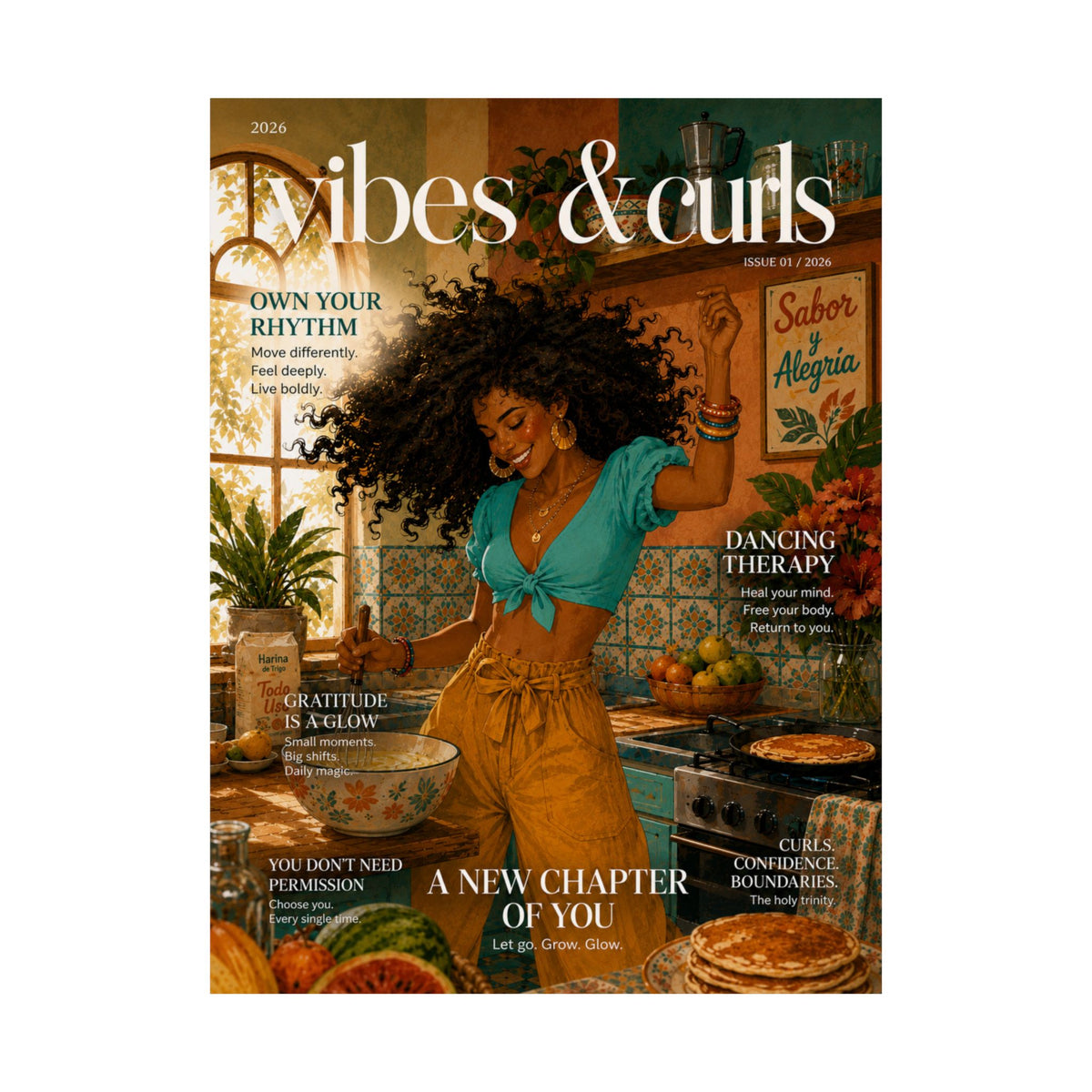 Vibes & Curls Matte Poster — Afrocentric Kitchen Wall Art, 'A New Chapter of You' Magazine Cover
