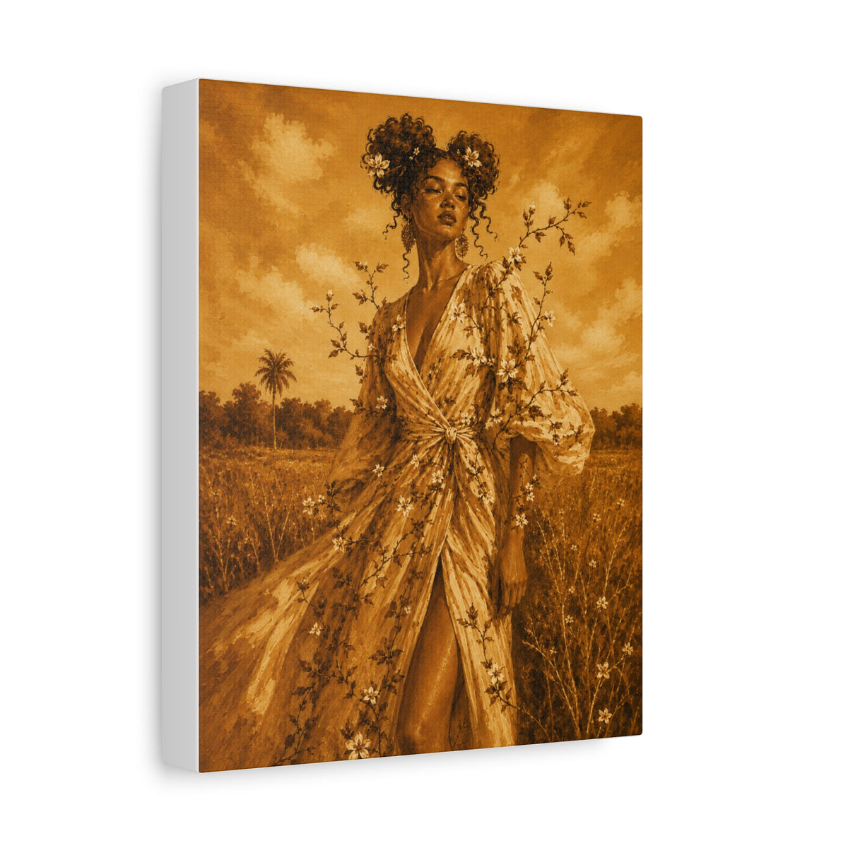 Golden Fields Canvas Wall Art — Woman in Floral Robe Matte Stretched Print