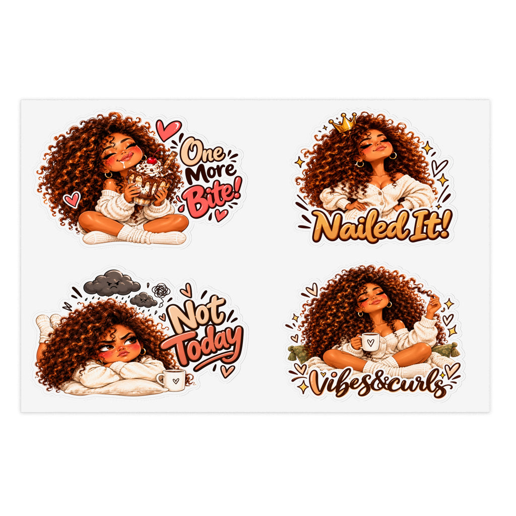 Curly Girl Sticker Sheet — 'One More Bite', 'Nailed It', 'Not Today', 'Vibes & Curls'
