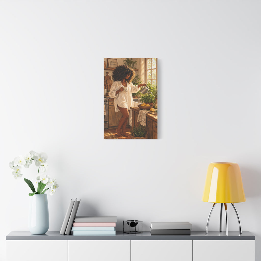 Kitchen Morning Canvas Print - Cozy Woman Watering Herbs Matte Stretched Wall Art