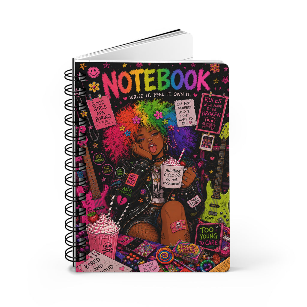 Spiral Notebook — Colorful Punk Girl Journal "Too Young to Care"