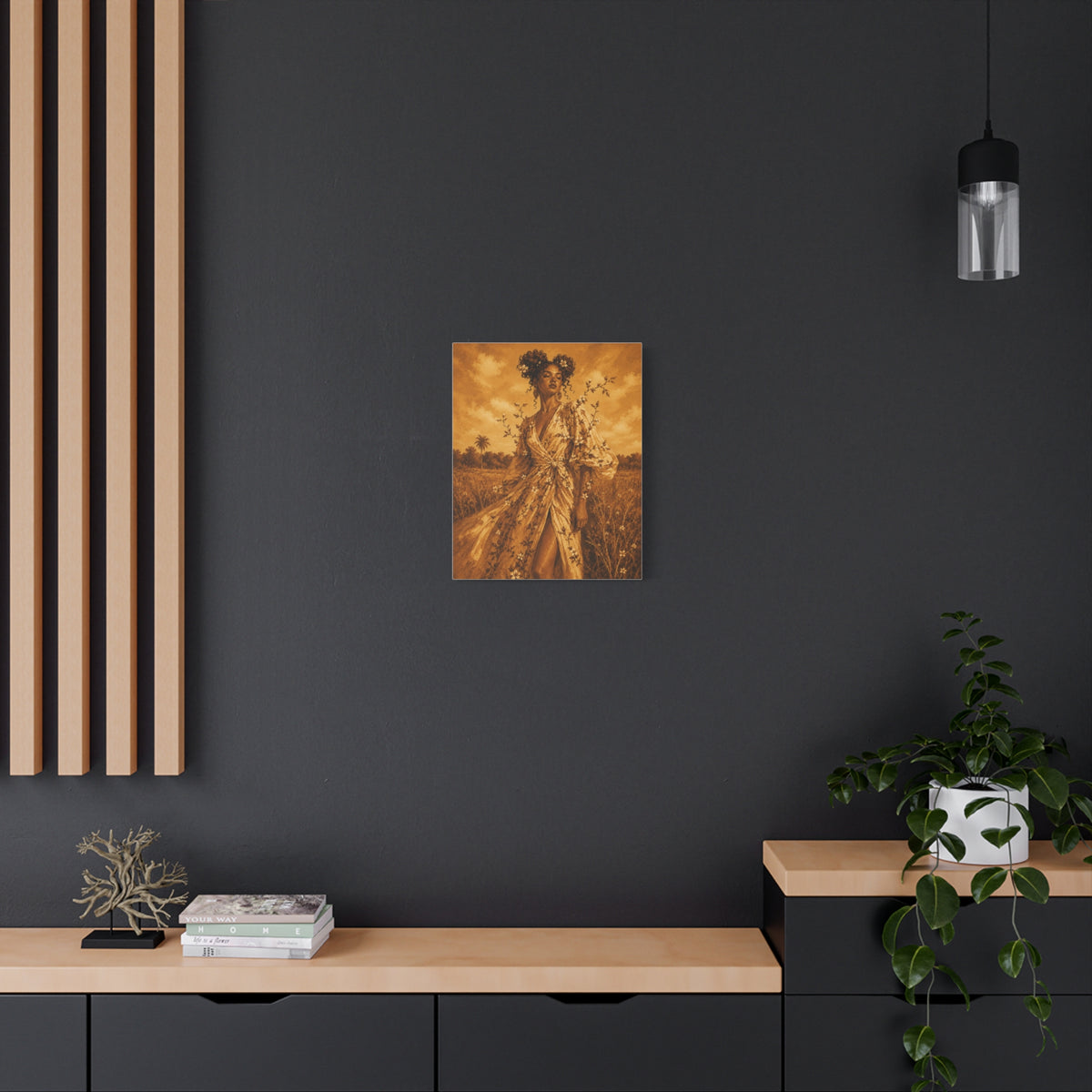 Golden Fields Canvas Wall Art — Woman in Floral Robe Matte Stretched Print