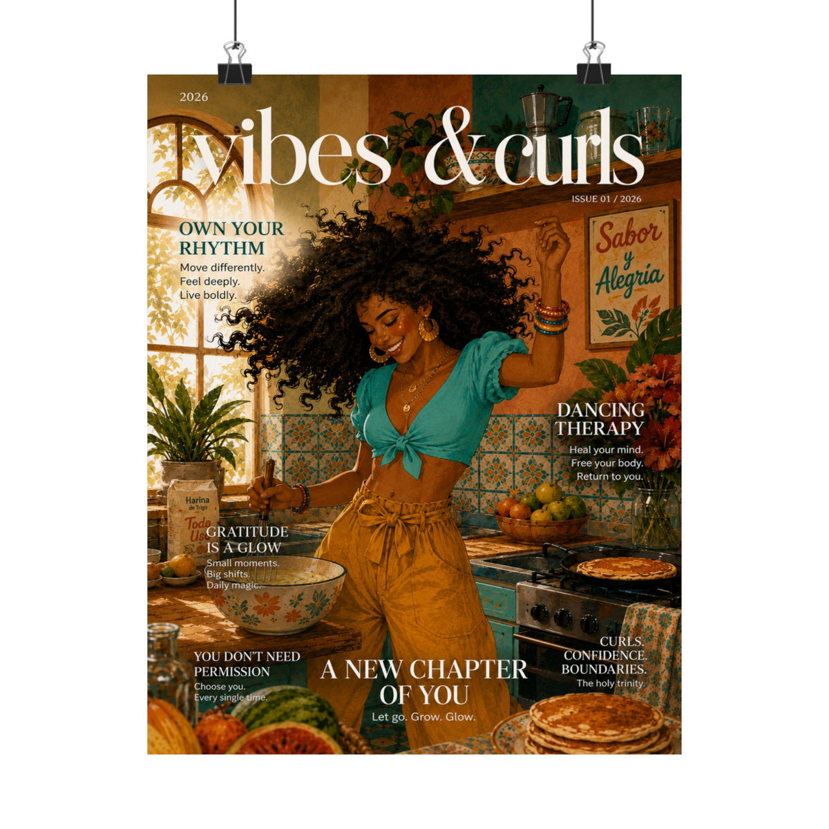 Vibes & Curls Matte Poster — Afrocentric Kitchen Wall Art, 'A New Chapter of You' Magazine Cover