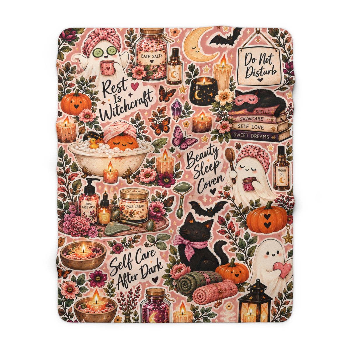 Cozy Witch Self-Care Sherpa Blanket — Halloween Pumpkin, Cats & Spa Bath Sticker Collage