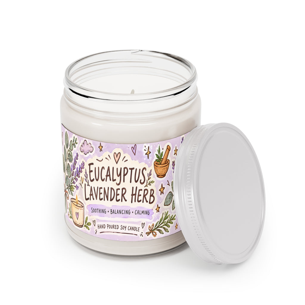 Eucalyptus Lavender Herb Soy Candle — 9oz Scented Jar (Soothing, Calming)