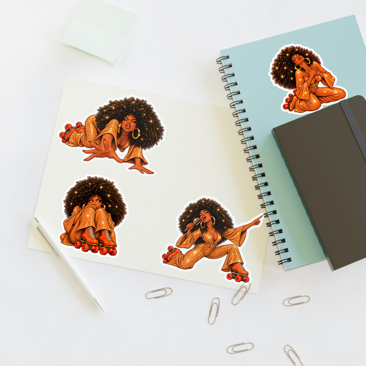 Roller Disco Afro Girl Sticker Sheet — Retro 70s Vibe Decorative Stickers