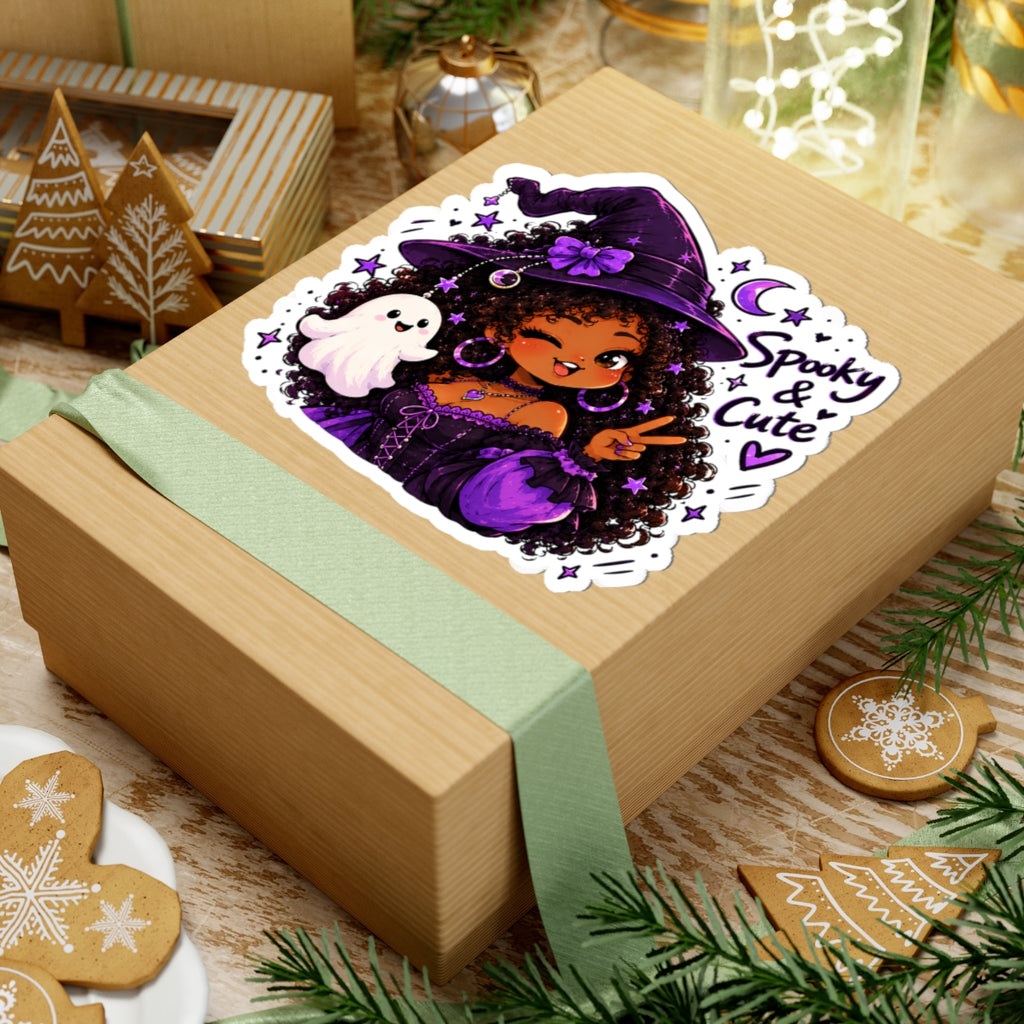 Spooky & Cute Witch Girl Kiss-Cut Sticker — Purple Halloween Ghost Laptop Decal