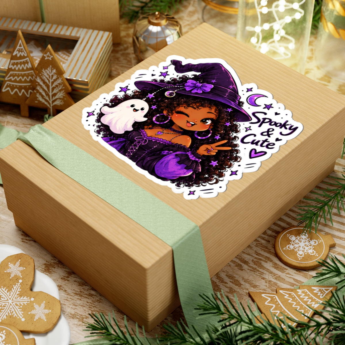 Spooky & Cute Witch Girl Kiss-Cut Sticker — Purple Halloween Ghost Laptop Decal