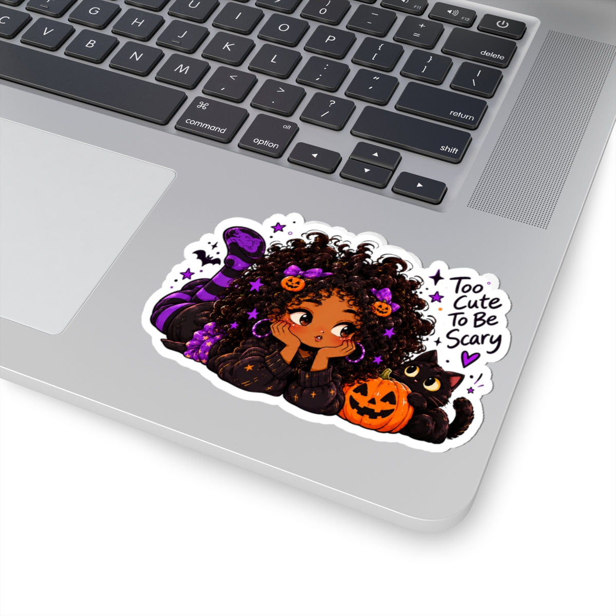 Halloween Girl & Black Cat Sticker — "Too Cute To Be Scary" Kiss-Cut