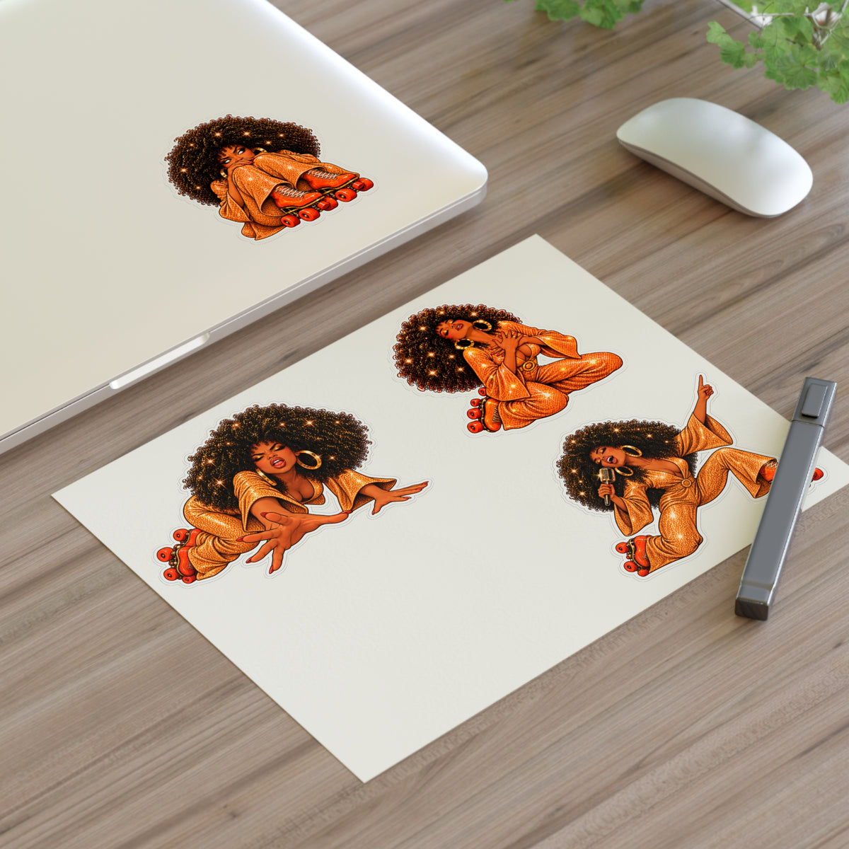 Roller Disco Afro Girl Sticker Sheet — Retro 70s Vibe Decorative Stickers