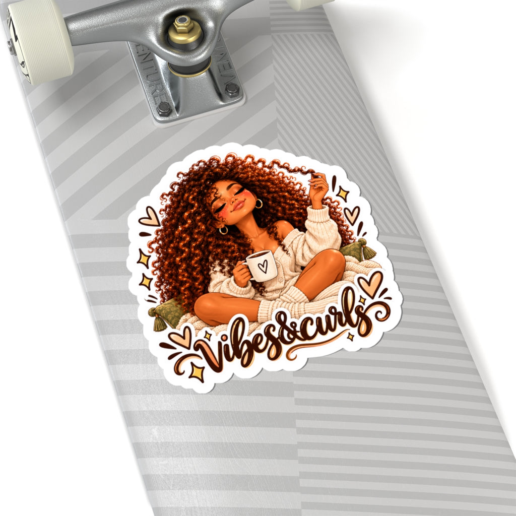 Vibes & Curls Kiss-Cut Sticker — Cozy Curly Hair Illustration