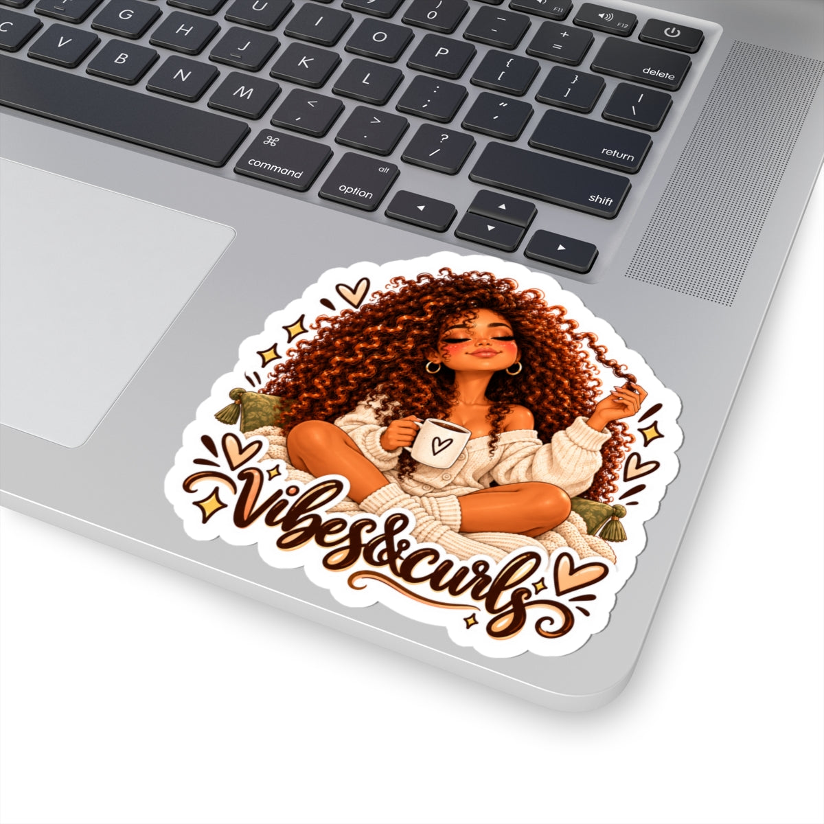 Vibes & Curls Kiss-Cut Sticker — Cozy Curly Hair Illustration