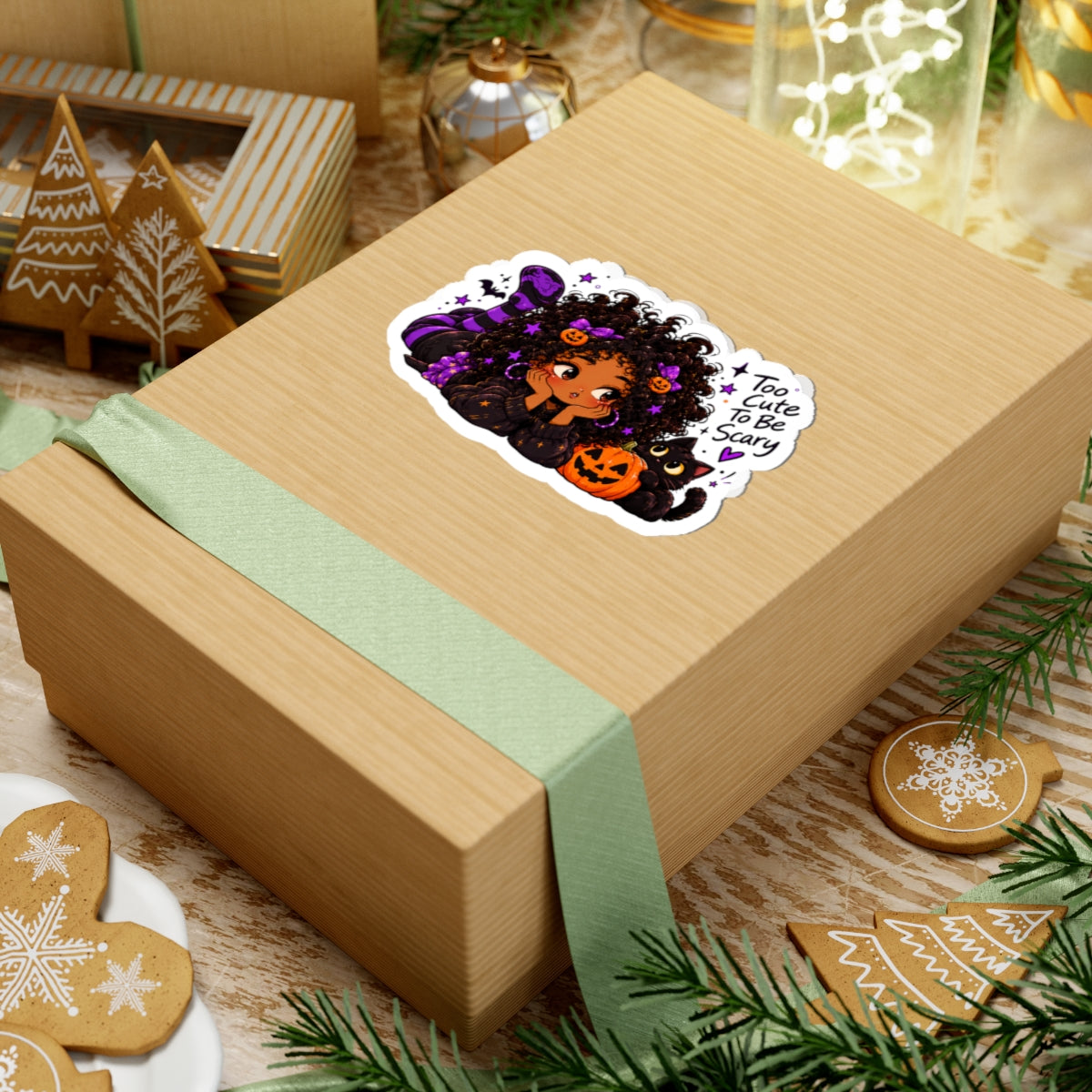 Halloween Girl & Black Cat Sticker — "Too Cute To Be Scary" Kiss-Cut