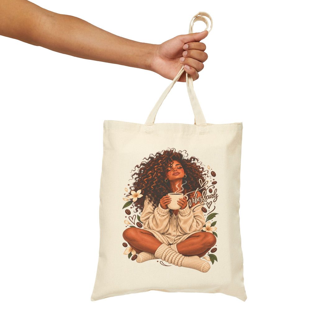 Cozy Morning Afro Woman Canvas Tote — Coffee Lover Cotton Bag