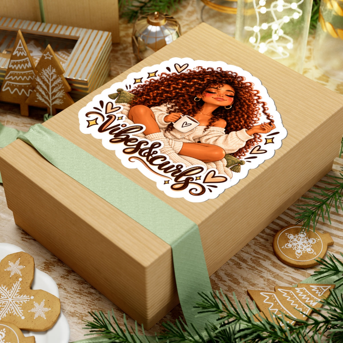 Vibes & Curls Kiss-Cut Sticker — Cozy Curly Hair Illustration
