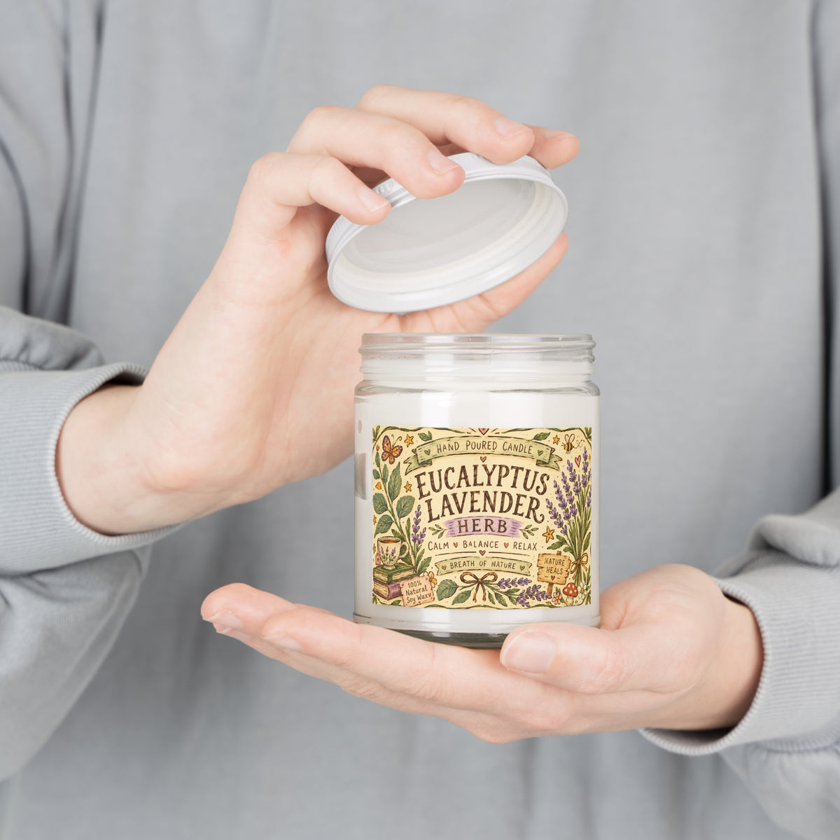 Eucalyptus Lavender Herb Soy Candle — 9oz Scented Jar (Calm • Relax • Balance)