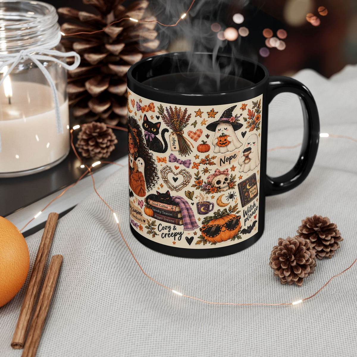 Spooky Season Sticker Collage Black Coffee Mug – Halloween Witch, Cat & Ghost Illustration (11oz/15oz)