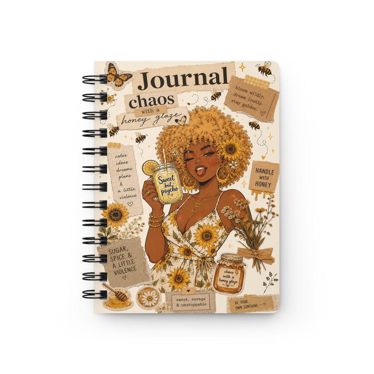 Sunflower Honey Journal — Spiral Bound Notebook with Positive Affirmations & Floral Collage