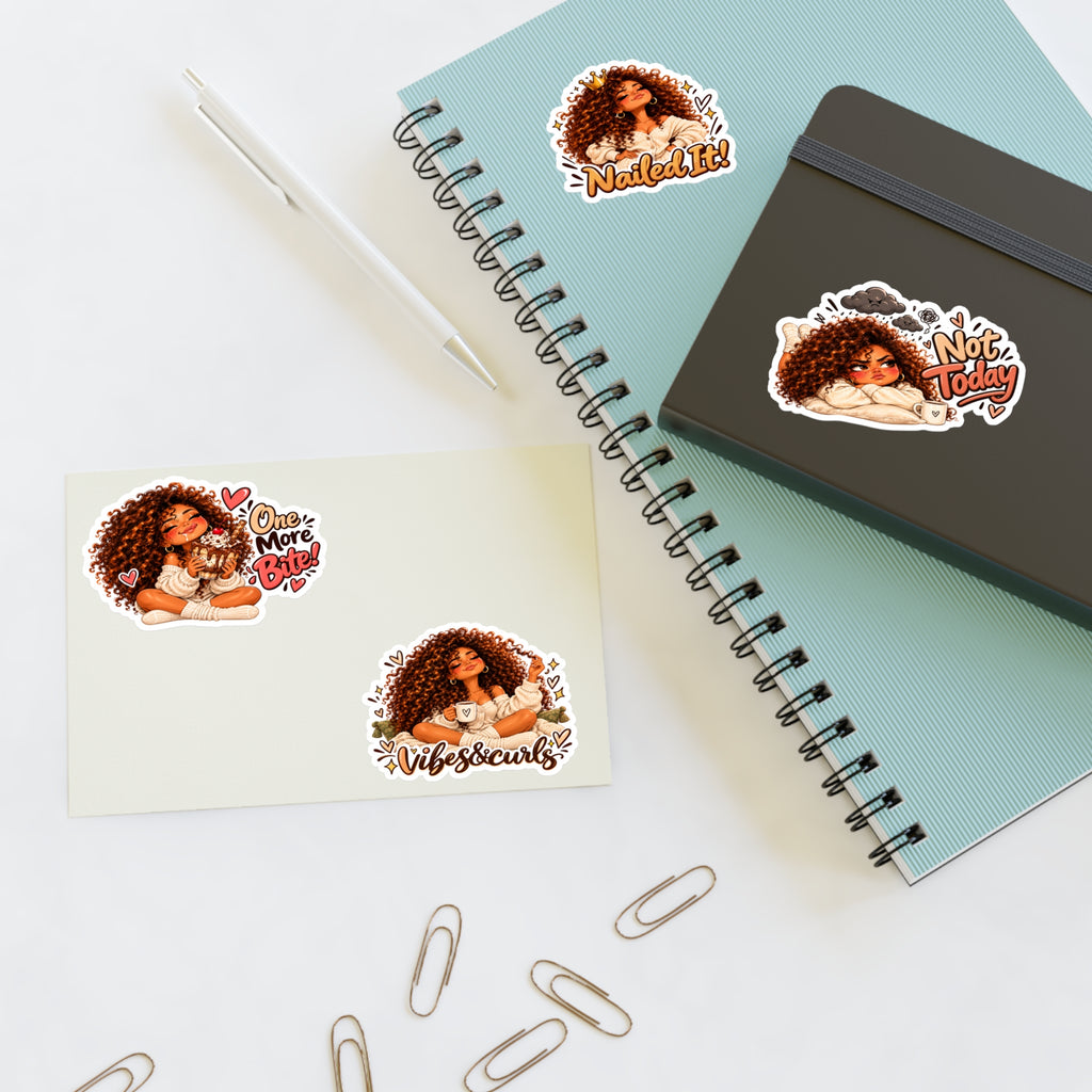 Curly Girl Sticker Sheet — 'One More Bite', 'Nailed It', 'Not Today', 'Vibes & Curls'
