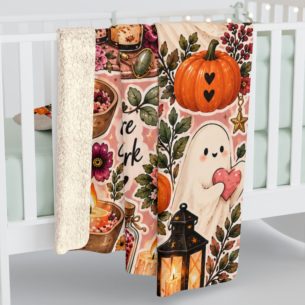 Cozy Witch Self-Care Sherpa Blanket — Halloween Pumpkin, Cats & Spa Bath Sticker Collage