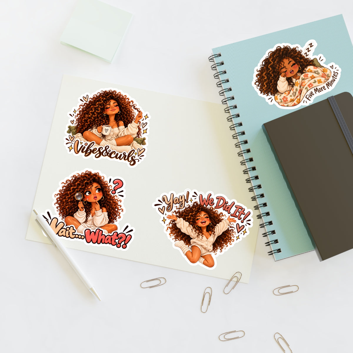 Curly Girl Sticker Sheet — 'One More Bite', 'Nailed It', 'Not Today', 'Vibes & Curls'