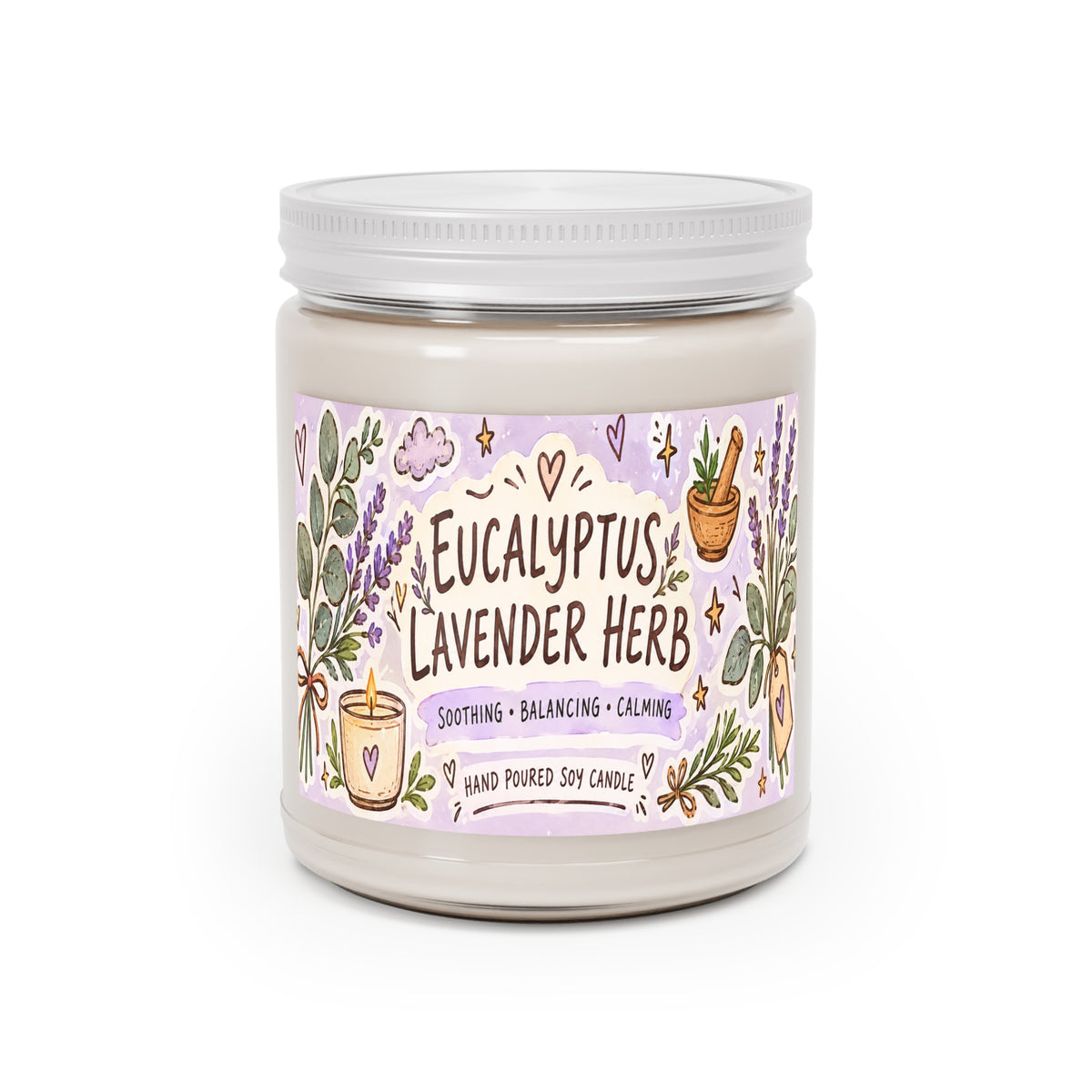 Eucalyptus Lavender Herb Soy Candle — 9oz Scented Jar (Soothing, Calming)
