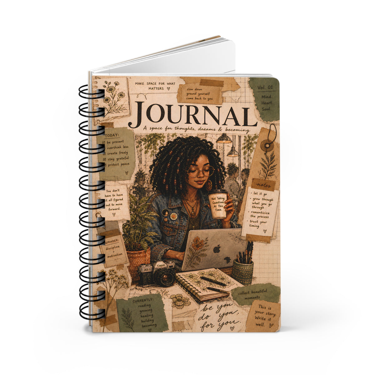 Cozy Study Girl Journal Spiral Bound Notebook | Botanical Collage Writing Diary