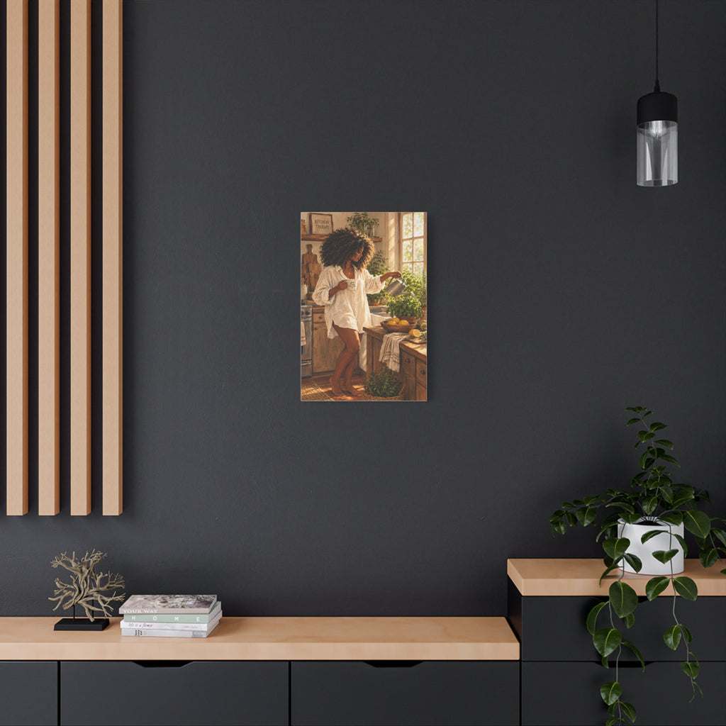Kitchen Morning Canvas Print - Cozy Woman Watering Herbs Matte Stretched Wall Art