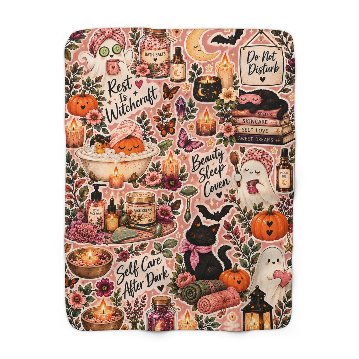 Cozy Witch Self-Care Sherpa Blanket — Halloween Pumpkin, Cats & Spa Bath Sticker Collage