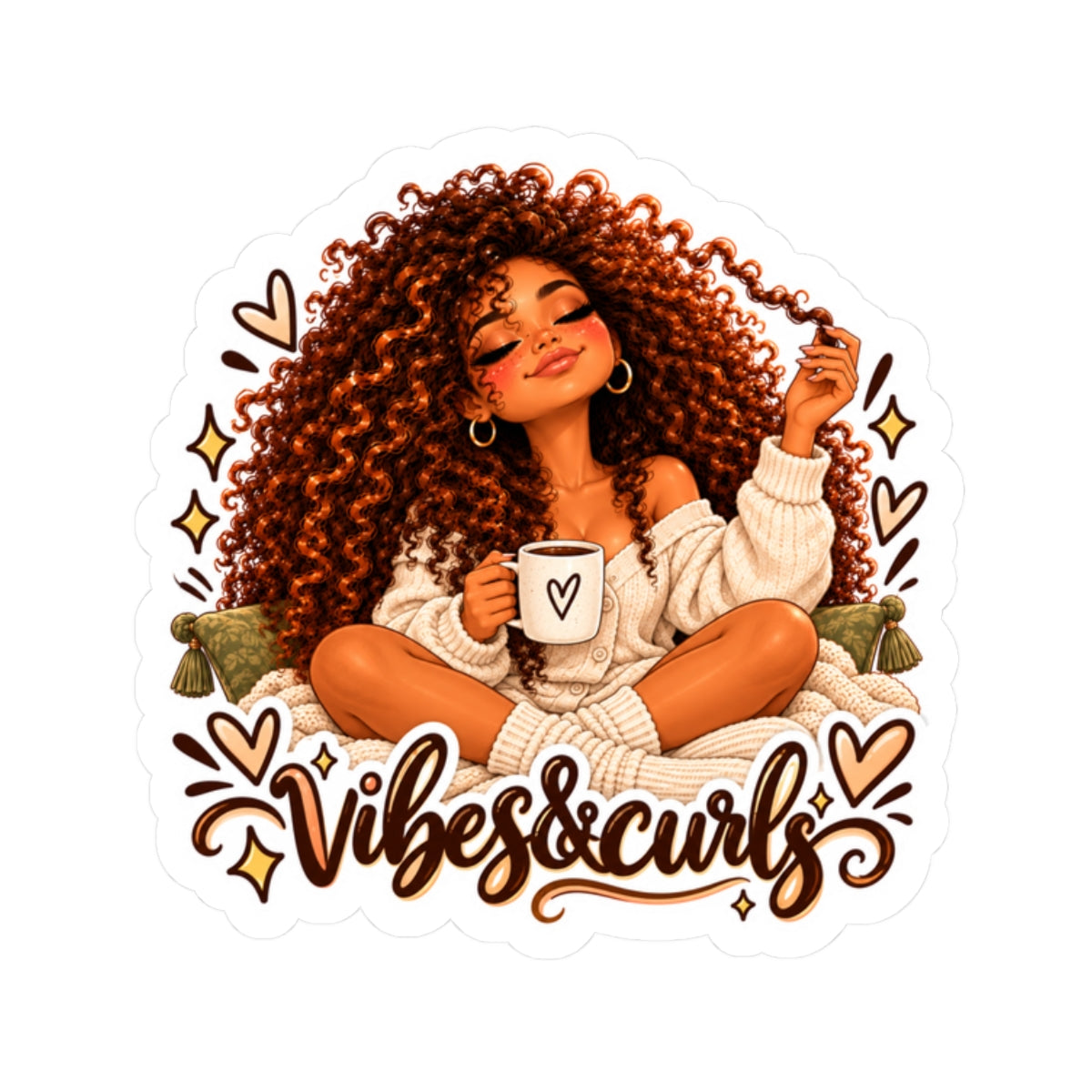 Vibes & Curls Kiss-Cut Sticker — Cozy Curly Hair Illustration