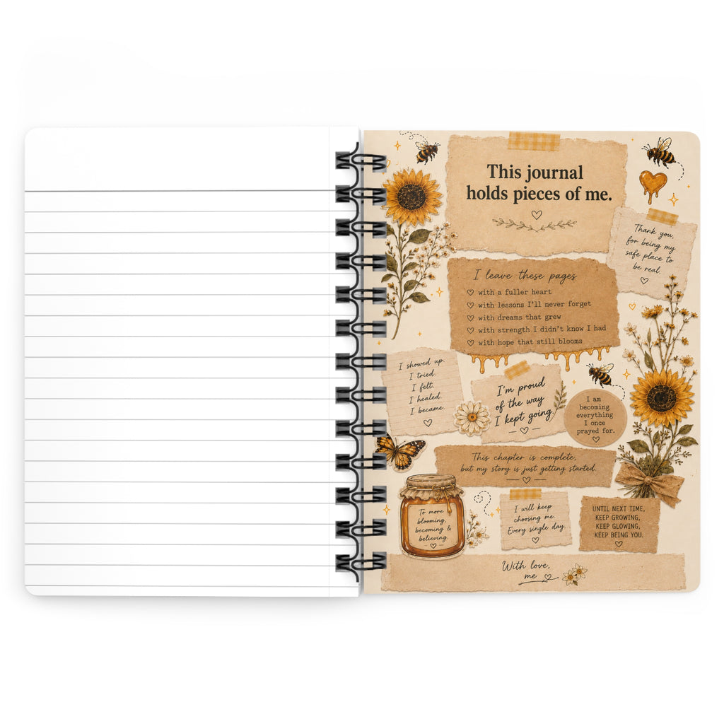 Sunflower Honey Journal — Spiral Bound Notebook with Positive Affirmations & Floral Collage