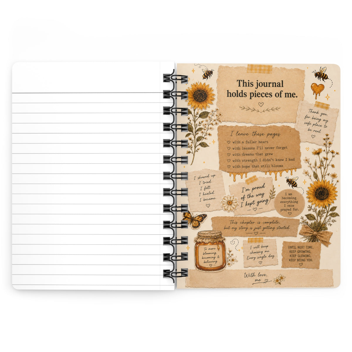Sunflower Honey Journal — Spiral Bound Notebook with Positive Affirmations & Floral Collage