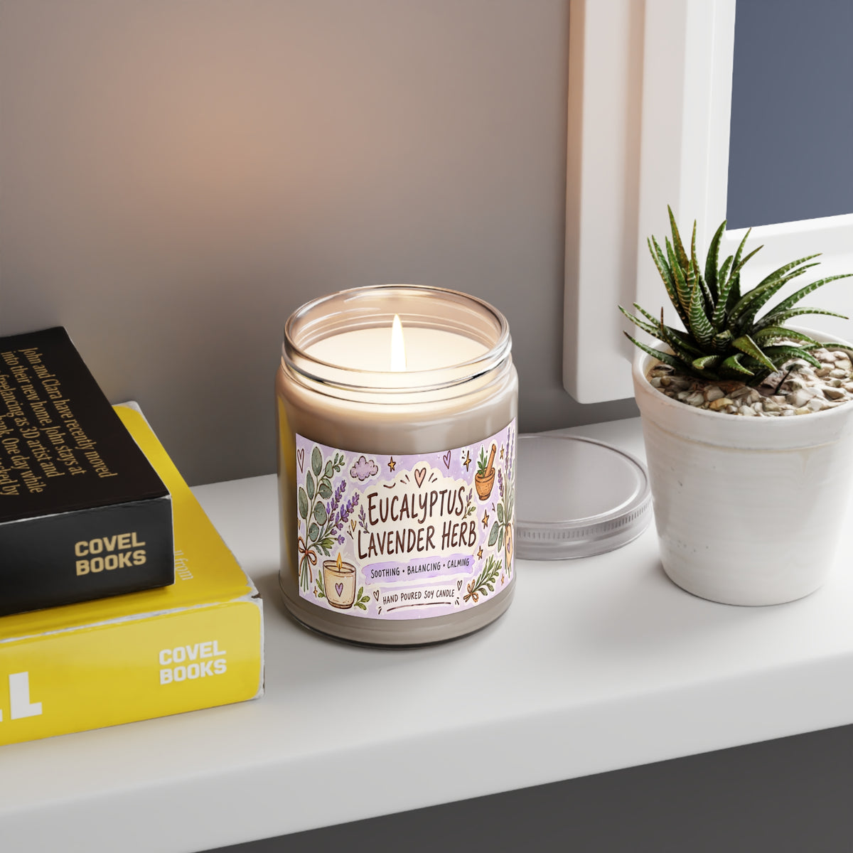 Eucalyptus Lavender Herb Soy Candle — 9oz Scented Jar (Soothing, Calming)