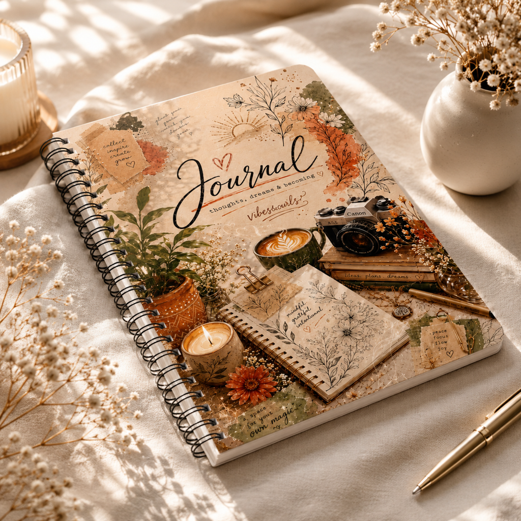 Boho Floral Journal Wirobound Notebook | A5 Lined Pages, Vintage Coffee Camera Design