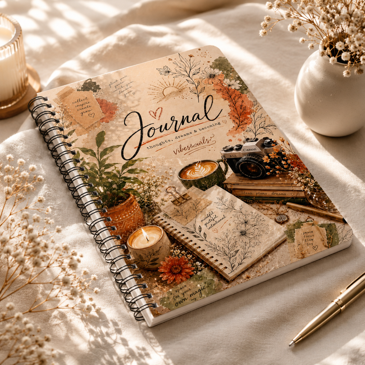 Boho Floral Journal Wirobound Notebook | A5 Lined Pages, Vintage Coffee Camera Design
