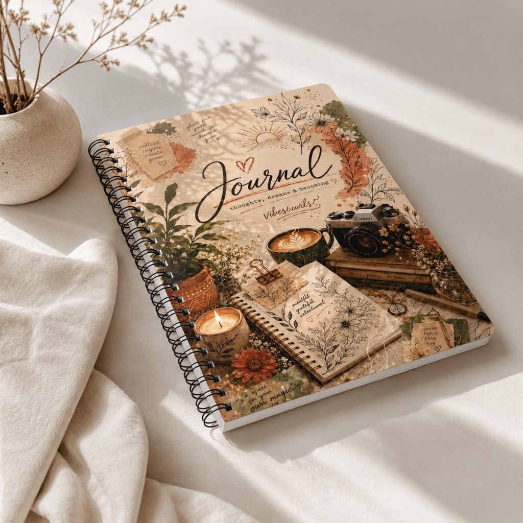 Boho Floral Journal Wirobound Notebook | A5 Lined Pages, Vintage Coffee Camera Design