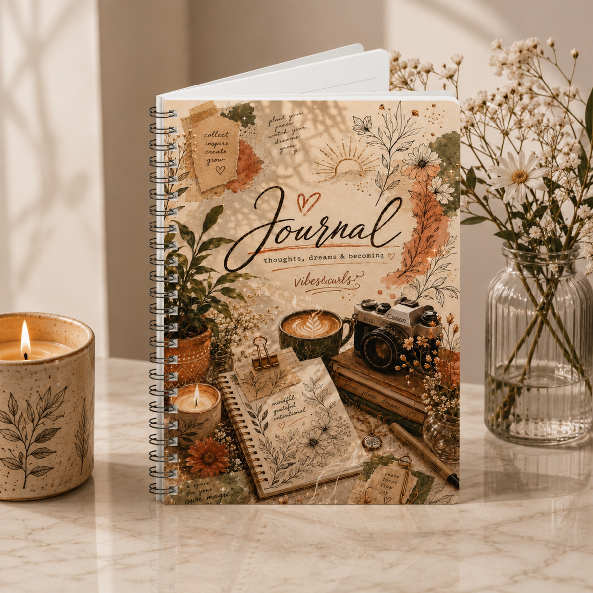 Boho Floral Journal Wirobound Notebook | A5 Lined Pages, Vintage Coffee Camera Design