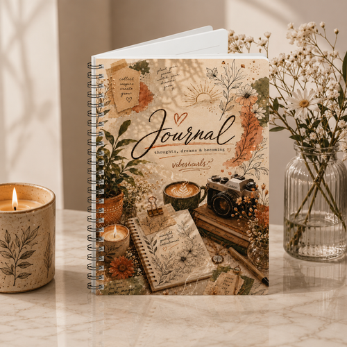 Boho Floral Journal Wirobound Notebook | A5 Lined Pages, Vintage Coffee Camera Design