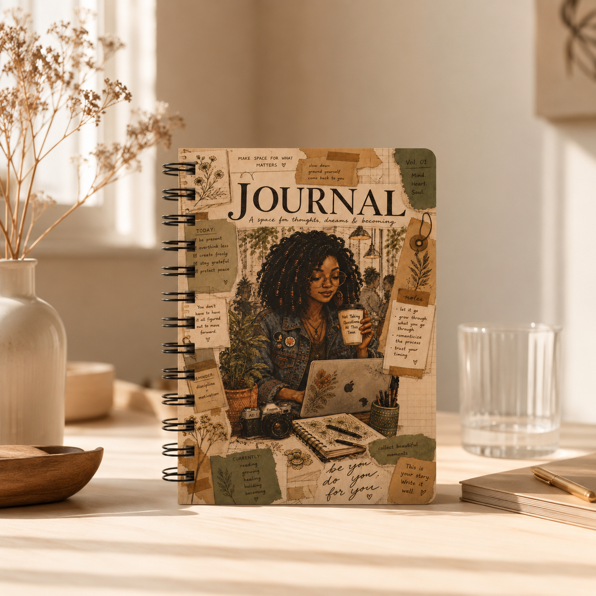 Cozy Study Girl Journal Spiral Bound Notebook | Botanical Collage Writing Diary