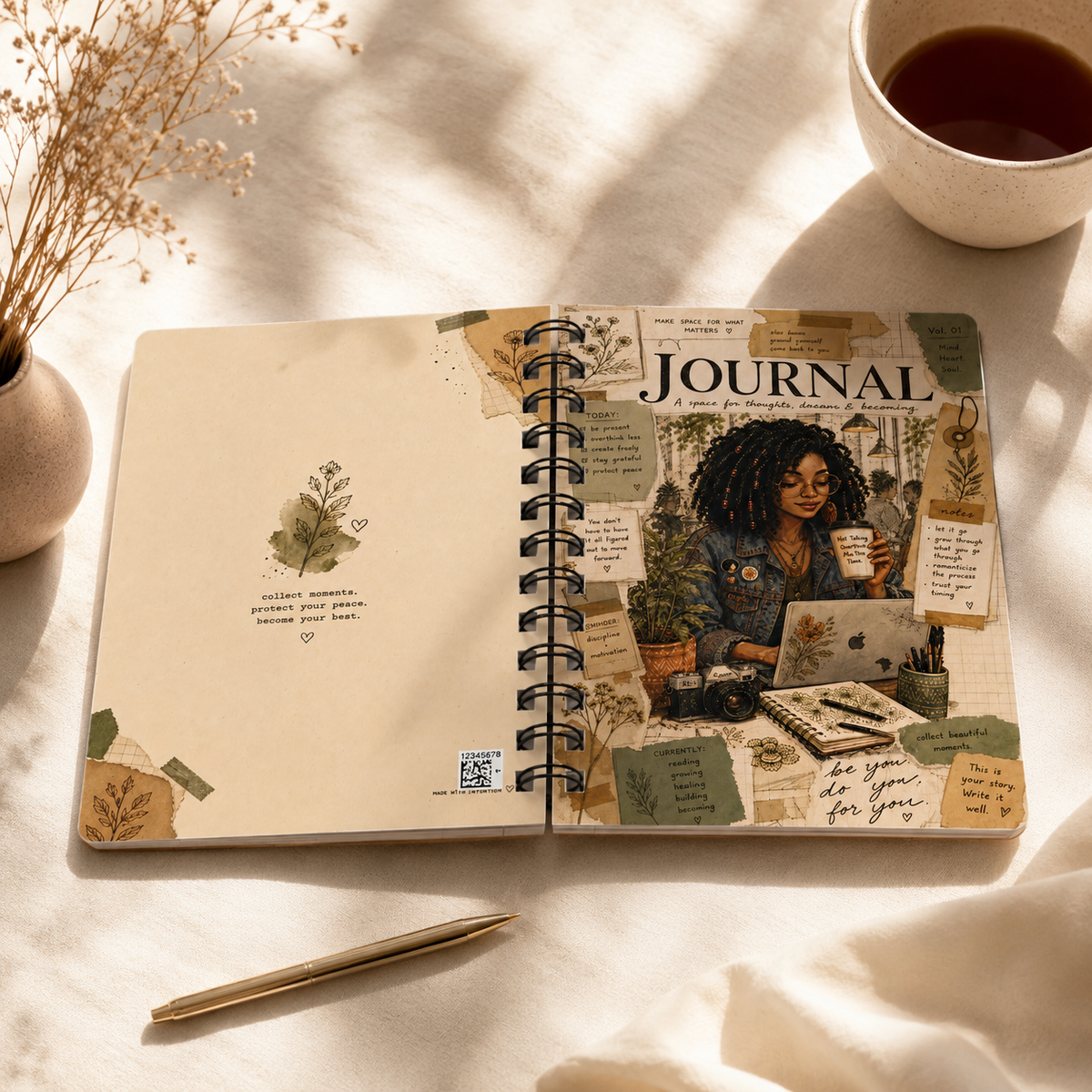 Cozy Study Girl Journal Spiral Bound Notebook | Botanical Collage Writing Diary
